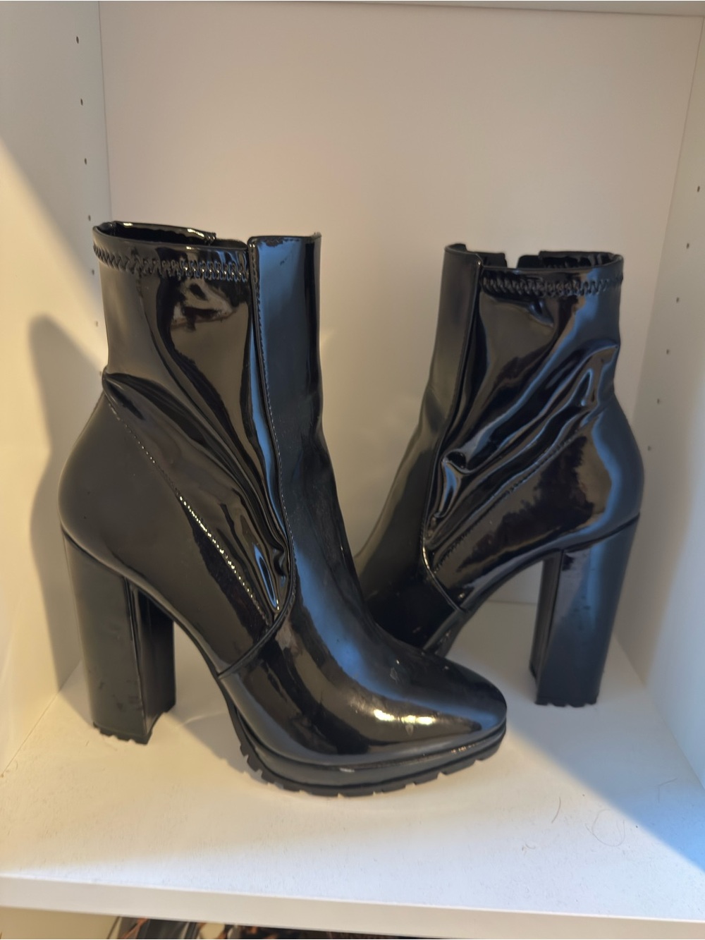 Aldo Black Patent Block Heel Ankle Boots